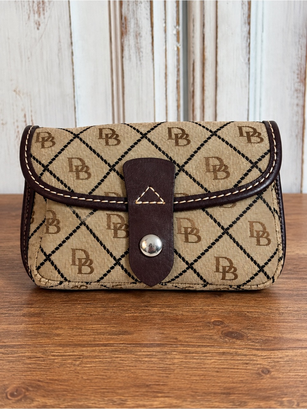 Vintage Dooney & Bourke Signature DB Monogram Flap Wristlet Duck Charm Brown Tan